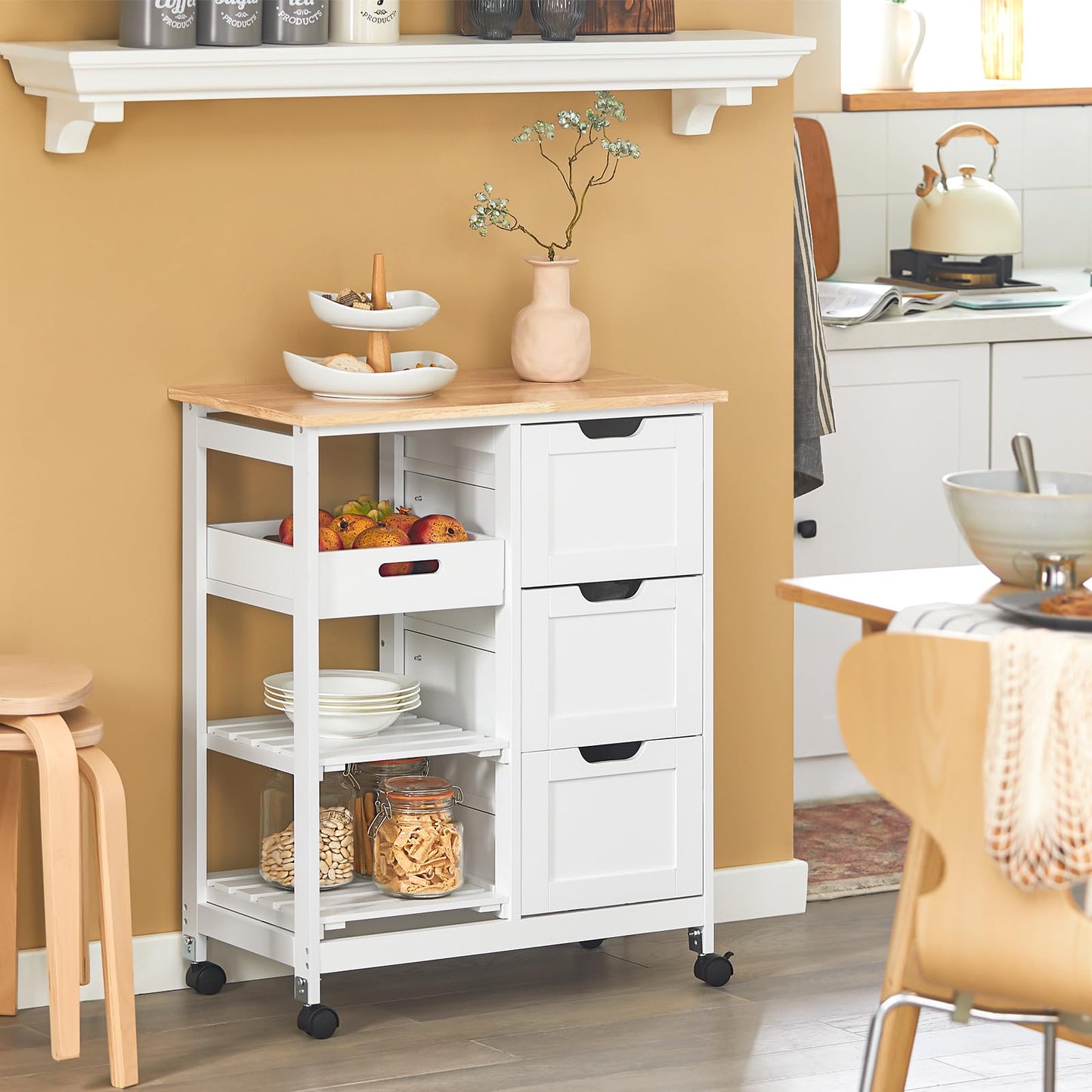 Kitchen Serving Cart with 3 Drawers and Removable Tray,Kitchen Storage Trolley,White