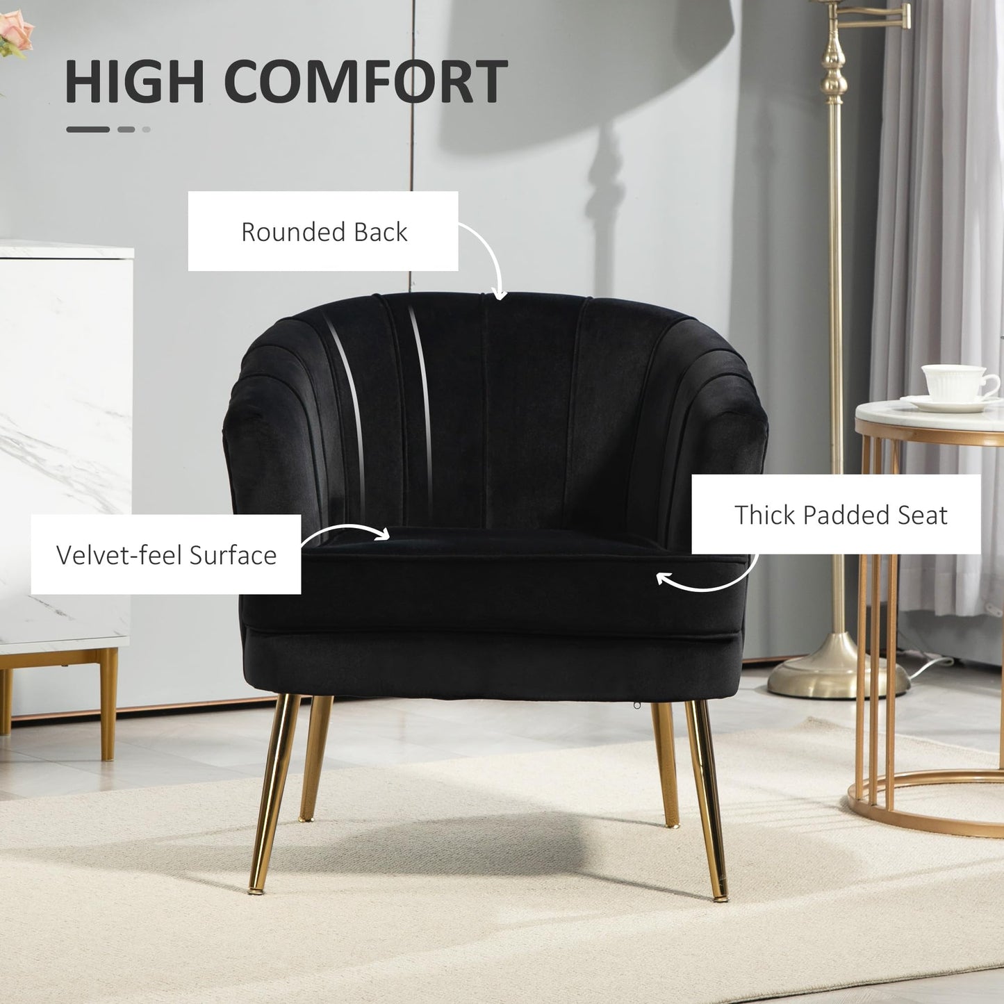 Fabric Accent Chair, Velvet Armchair, Modern Living Room Chair with Gold Metal Legs and Thick Padding for Bedroom, Grey