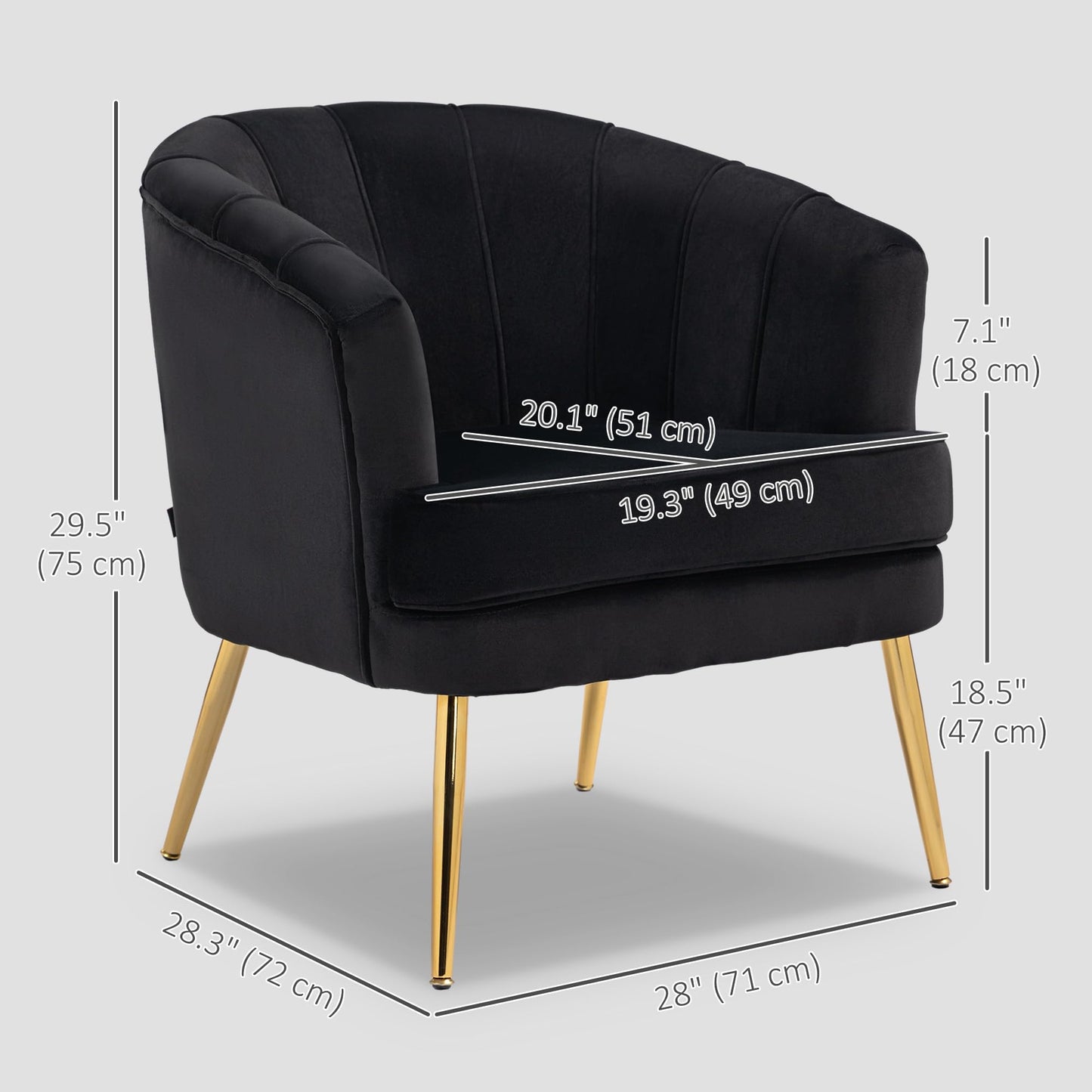 Fabric Accent Chair, Velvet Armchair, Modern Living Room Chair with Gold Metal Legs and Thick Padding for Bedroom, Grey