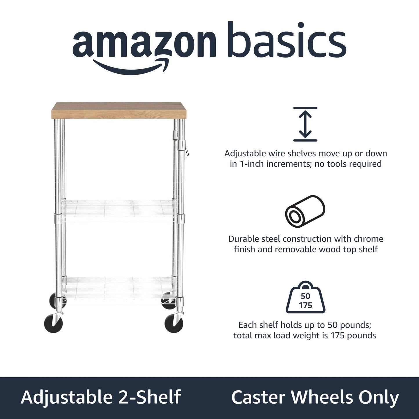 Portable Kitchen Storage Rack on Caster Wheels with Adjustable Shelves, 175 Pound Capacity, 21 x 15 x 36.7 inches (LxWxH), Wood/Chrome