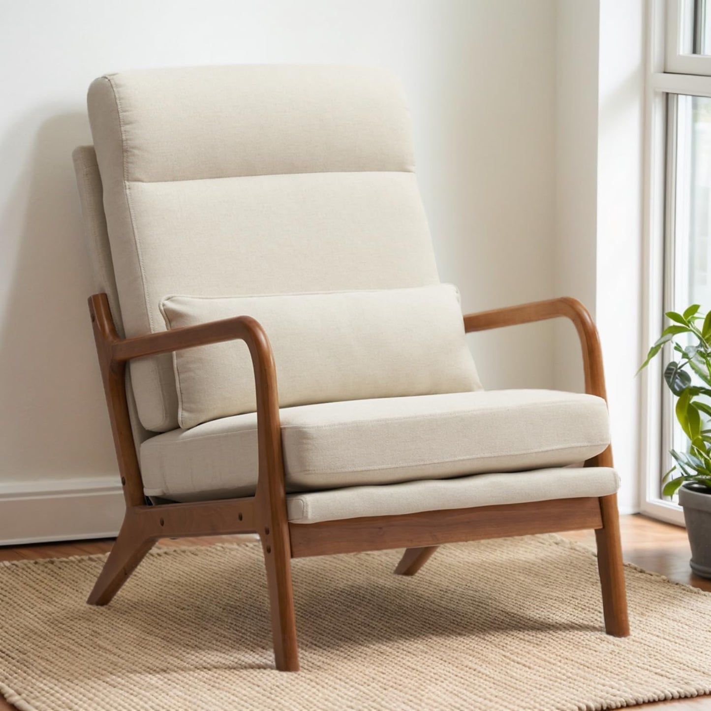 home Accent Chair Mid-Century Modern Chair with Pillow Upholstered Lounge Arm Chair with Solid Wood Frame & Soft Cushion for Living Room, Bedroom, Balcony, Linen Beige (Low Back)