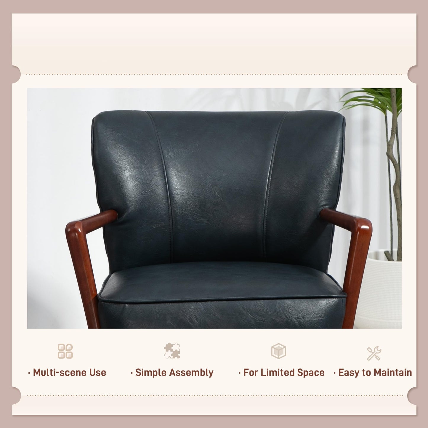 Modern Accent Chair, Upholstered Armchair, Faux Leather Living Room Chair with Wood Legs and Wide Padded Seat, Brown