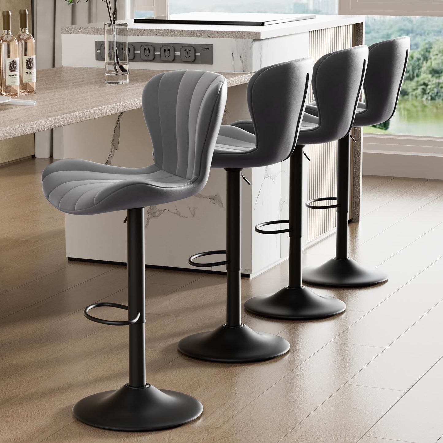 Daluvenix Bar Stools Set of 2 Modern Island Bar Stools Upholstered Faux Leather Barstools Height Adjustable Counter Chairs with Back Waterproof Stools for Kitchen, Black