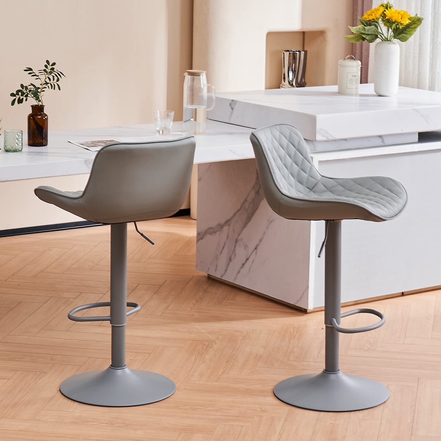 Grey Bar Stools Set of 2 Counter Height Bar Stool Faux Leather Upholstered Metal Barstools Modern Adjustable Swivel High Back Bar Chairs Home Kitchen Dining Island