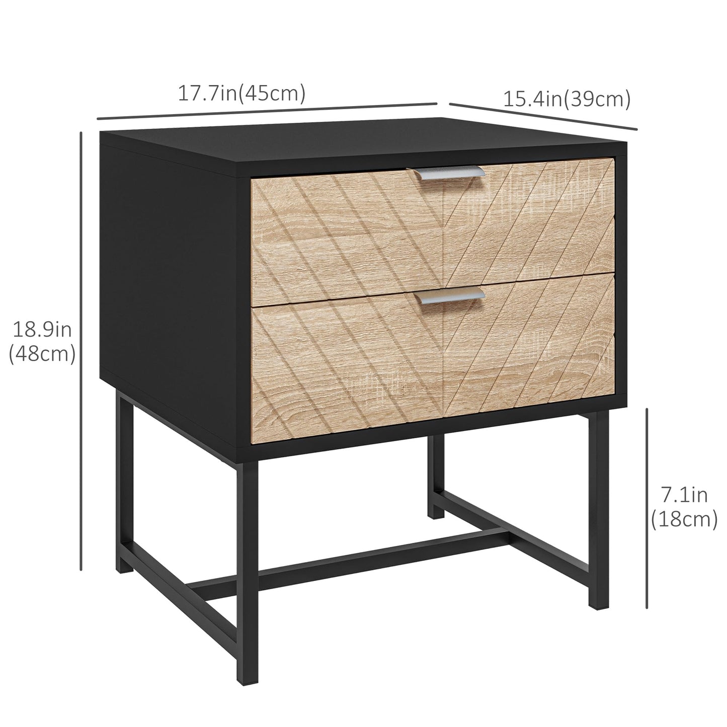 Modern Bedside Table with 2 Drawers, Nightstand with Metal Base, Sofa End Table for Bedroom, White