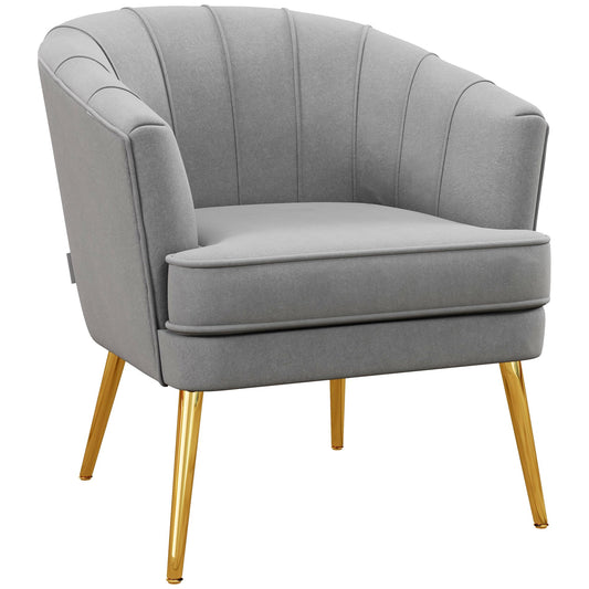 Fabric Accent Chair, Velvet Armchair, Modern Living Room Chair with Gold Metal Legs and Thick Padding for Bedroom, Grey