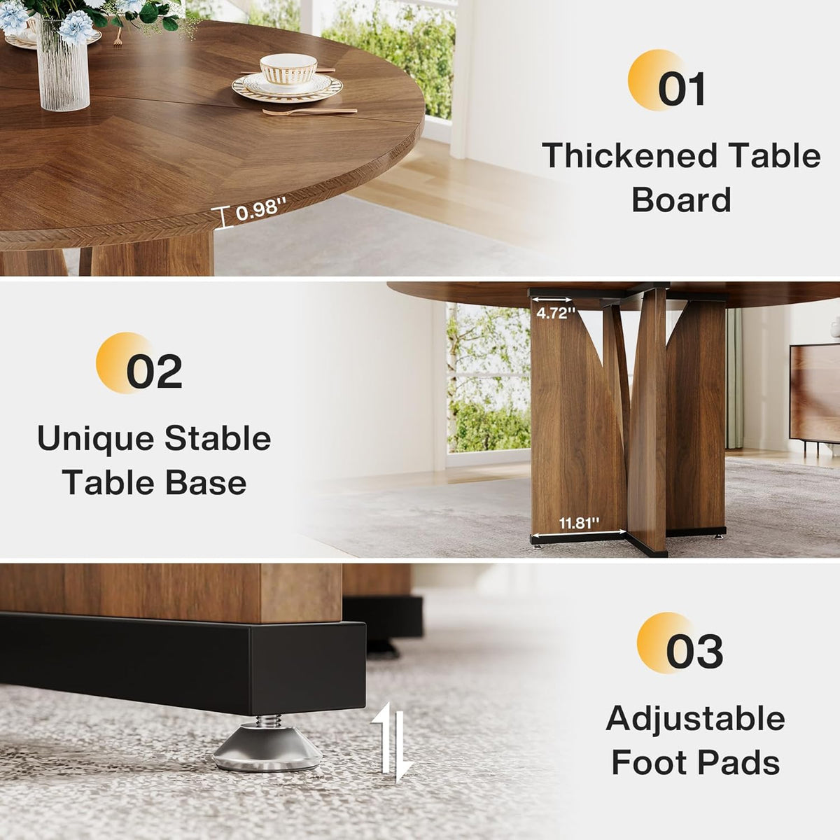 39" Round Dining Table, Farmhouse Kitchen Table for 4 People