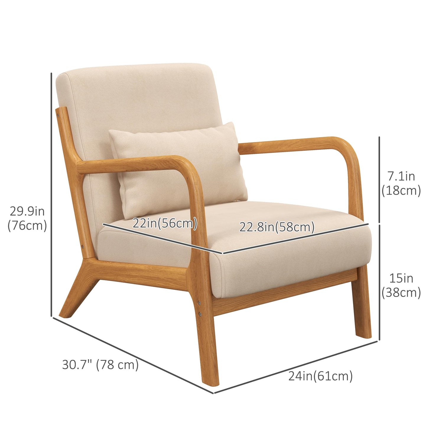 Modern Armchair with Wood Legs and Pillow, Upholstered Accent Chair for Living Room and Bedroom - Beige