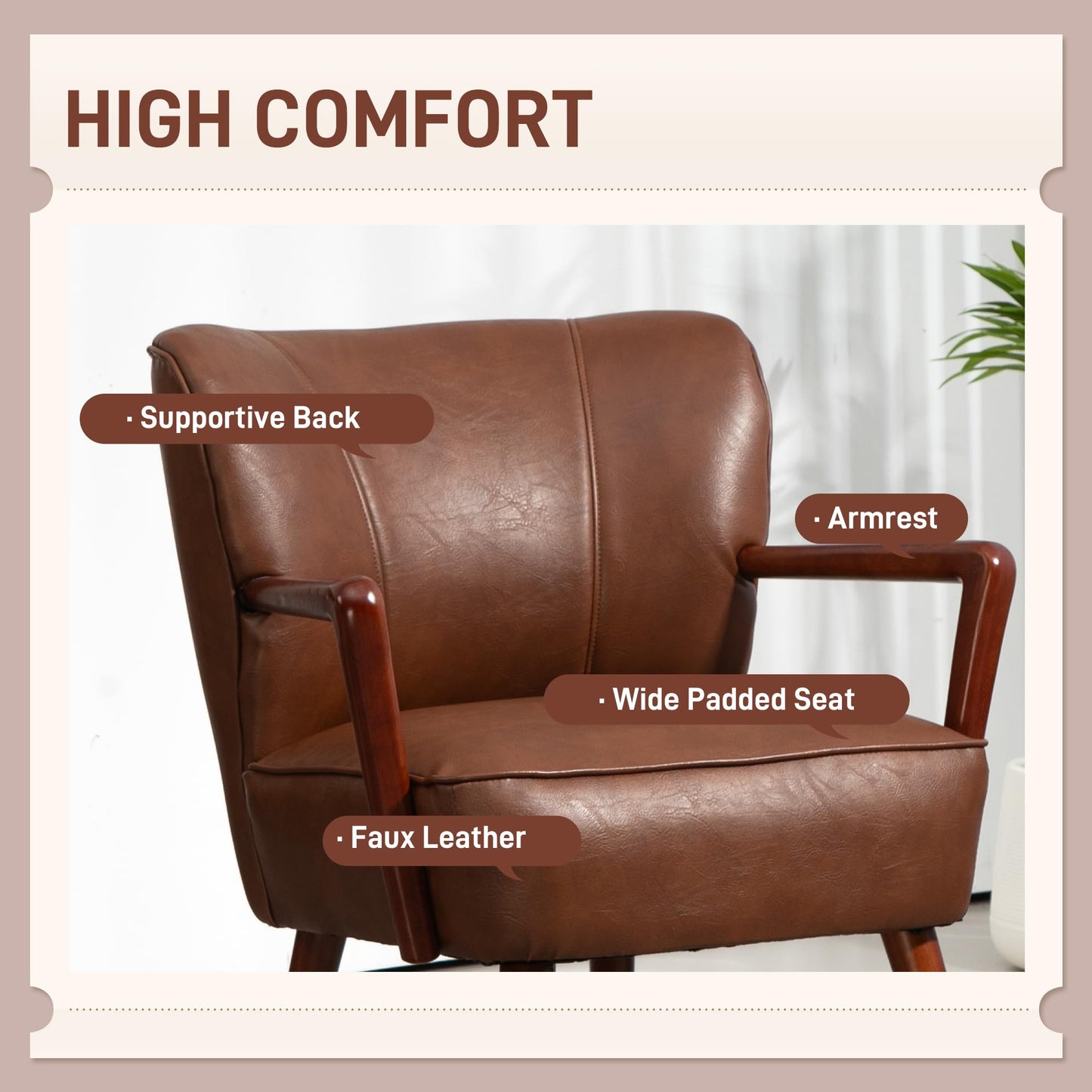 Modern Accent Chair, Upholstered Armchair, Faux Leather Living Room Chair with Wood Legs and Wide Padded Seat, Brown