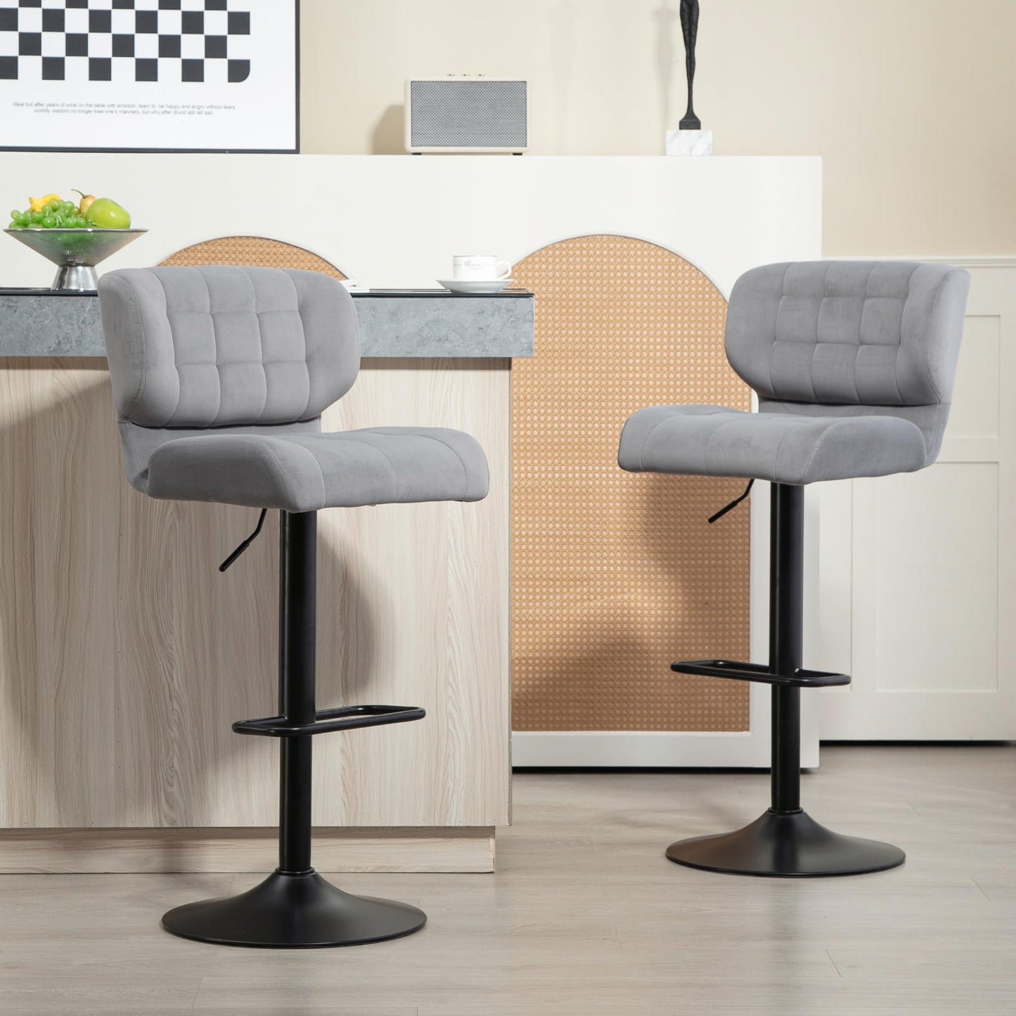 Adjustable Bar Stools Set of 2, Swivel Tufted Velvet Fabric Barstools with Footrest and Back, Bar Chairs for Kitchen Counter and Dining Room, Grey