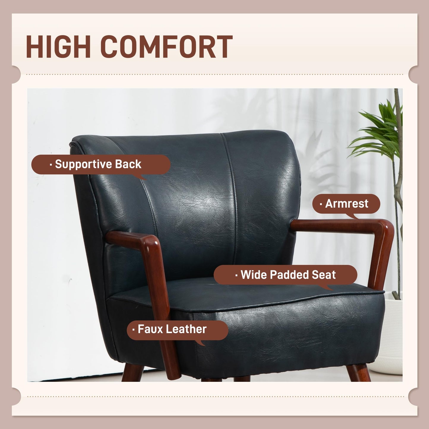 Modern Accent Chair, Upholstered Armchair, Faux Leather Living Room Chair with Wood Legs and Wide Padded Seat, Brown