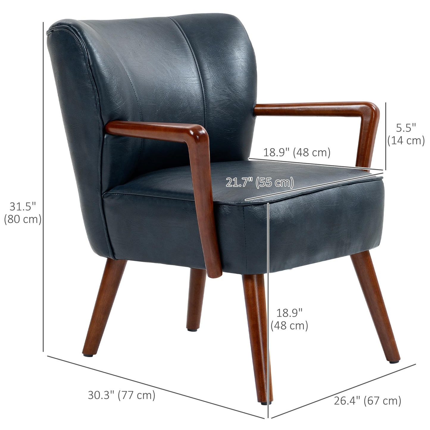 Modern Accent Chair, Upholstered Armchair, Faux Leather Living Room Chair with Wood Legs and Wide Padded Seat, Brown