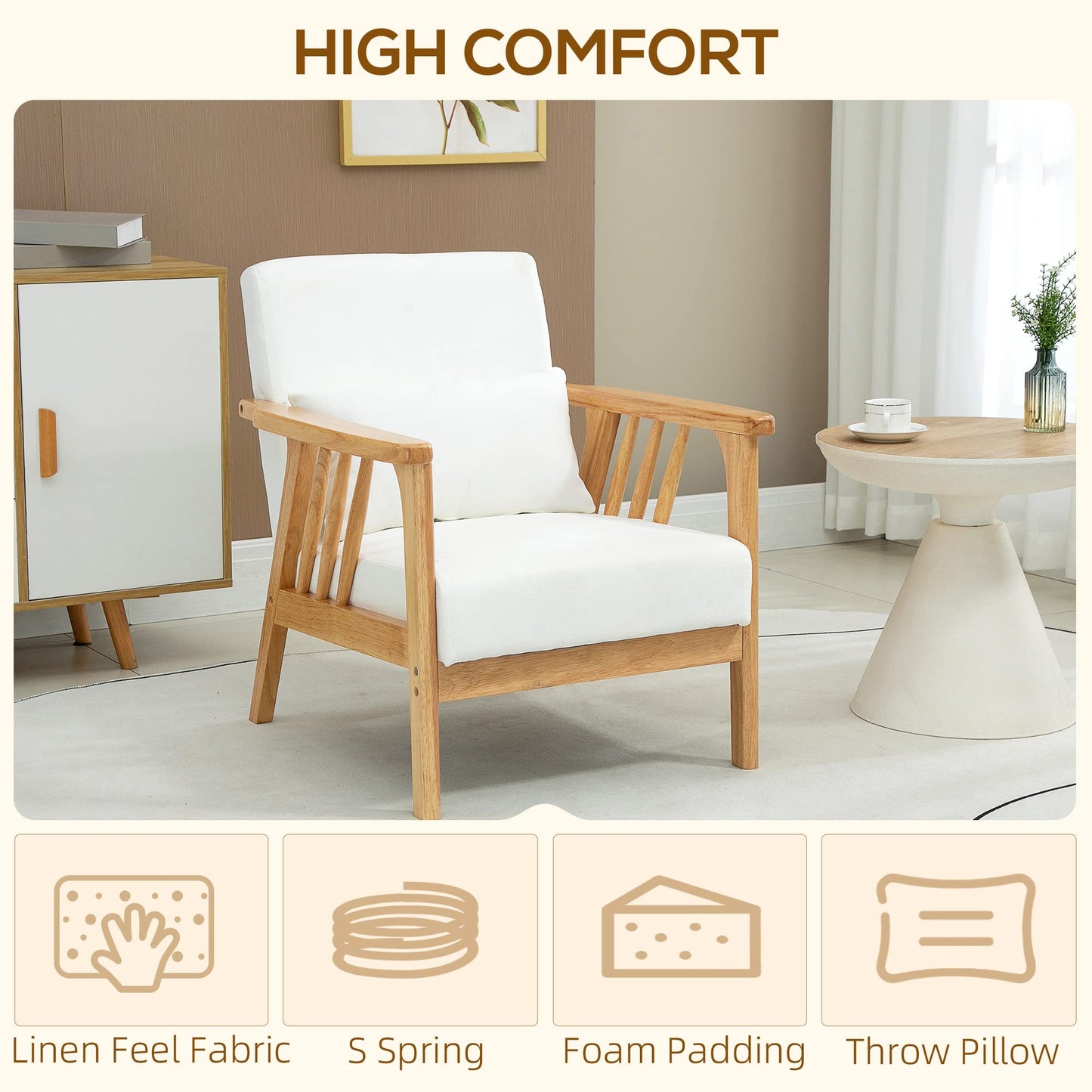 Accent Chairs with Cushioned Seat and Back, Upholstered Arm Chair for Bedroom, Living Room Chair with Throw Pillow and Wood Legs, Cream White