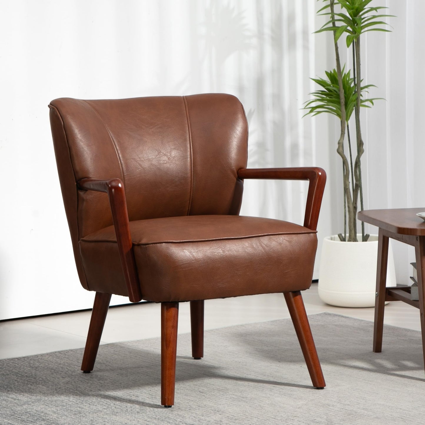 Modern Accent Chair, Upholstered Armchair, Faux Leather Living Room Chair with Wood Legs and Wide Padded Seat, Brown