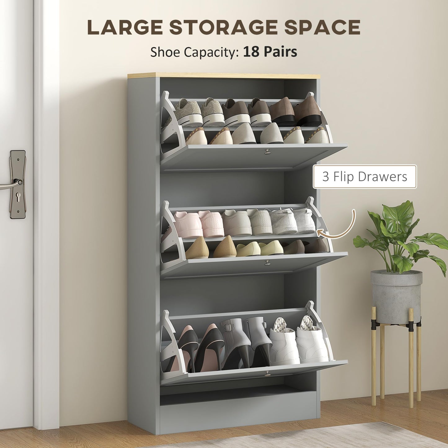 Narrow Shoe Cabinet with 3 Flip Drawers and Adjustable Shelves, Entryway Shoe Storage Unit for 18 Pairs of Shoes, Grey