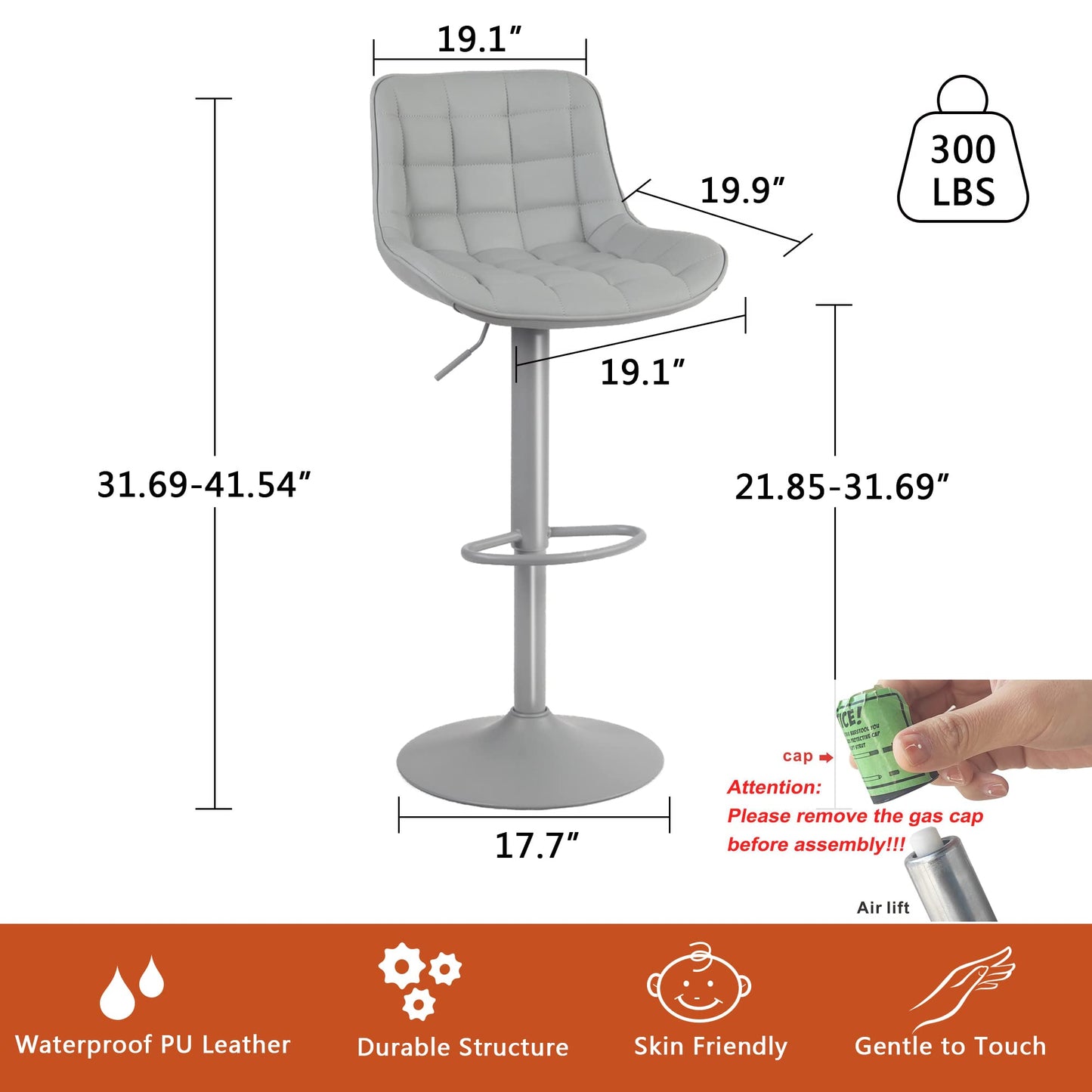 Grey Bar Stools Set of 2 Counter Height Bar Stool Faux Leather Upholstered Metal Barstools Modern Adjustable Swivel High Back Bar Chairs Home Kitchen Dining Island