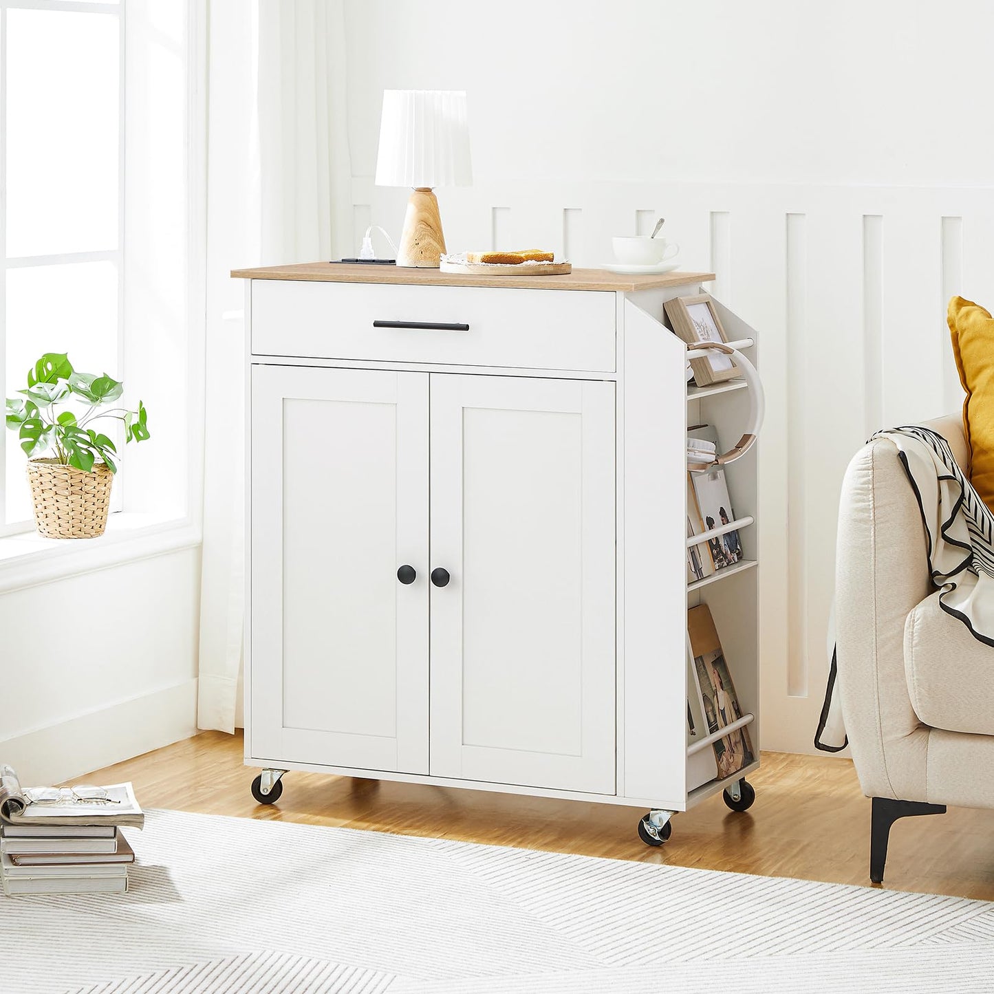 Kitchen Island with Power Outlet, Kitchen Storage Island with Spice Rack and Drawer, Rolling Kitchen Cart on Wheels, for Home, Kitchen and Dining Room, White and Natural WN82UZD01G1