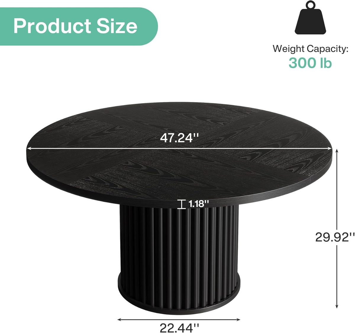 47" Round Dining Table, Wood Kitchen Table With Sturdy Fluted Metal Base