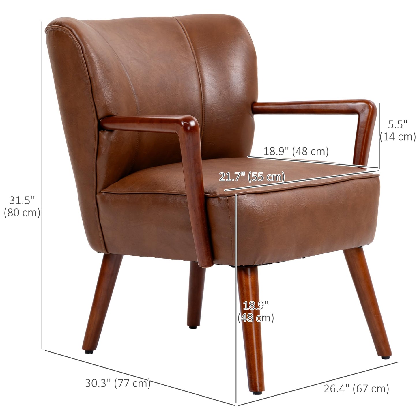 Modern Accent Chair, Upholstered Armchair, Faux Leather Living Room Chair with Wood Legs and Wide Padded Seat, Brown