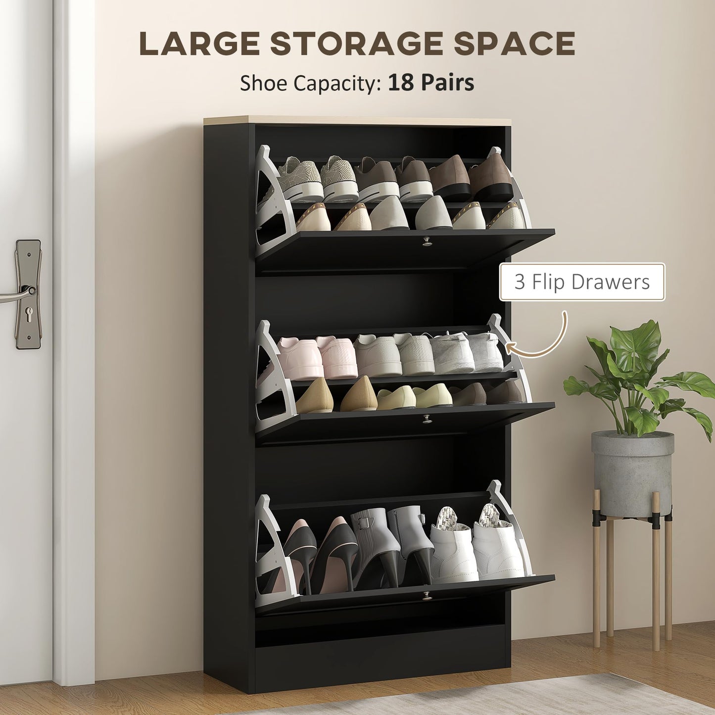 Narrow Shoe Cabinet with 3 Flip Drawers and Adjustable Shelves, Entryway Shoe Storage Unit for 18 Pairs of Shoes, Grey