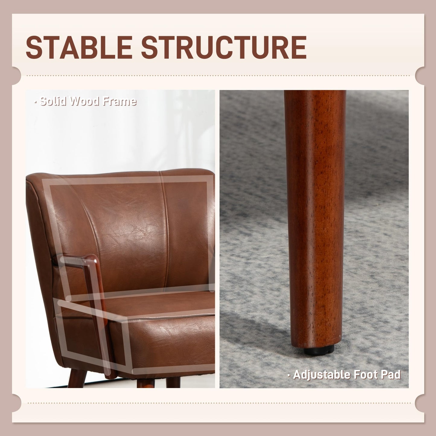 Modern Accent Chair, Upholstered Armchair, Faux Leather Living Room Chair with Wood Legs and Wide Padded Seat, Brown