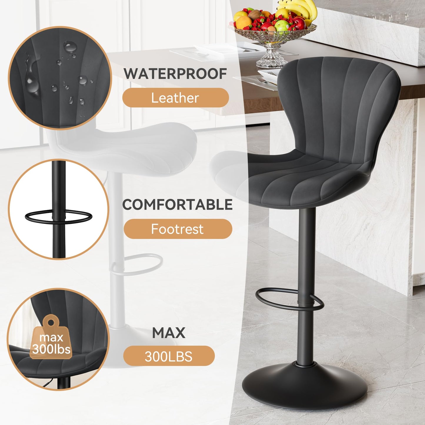 Daluvenix Bar Stools Set of 2 Modern Island Bar Stools Upholstered Faux Leather Barstools Height Adjustable Counter Chairs with Back Waterproof Stools for Kitchen, Black