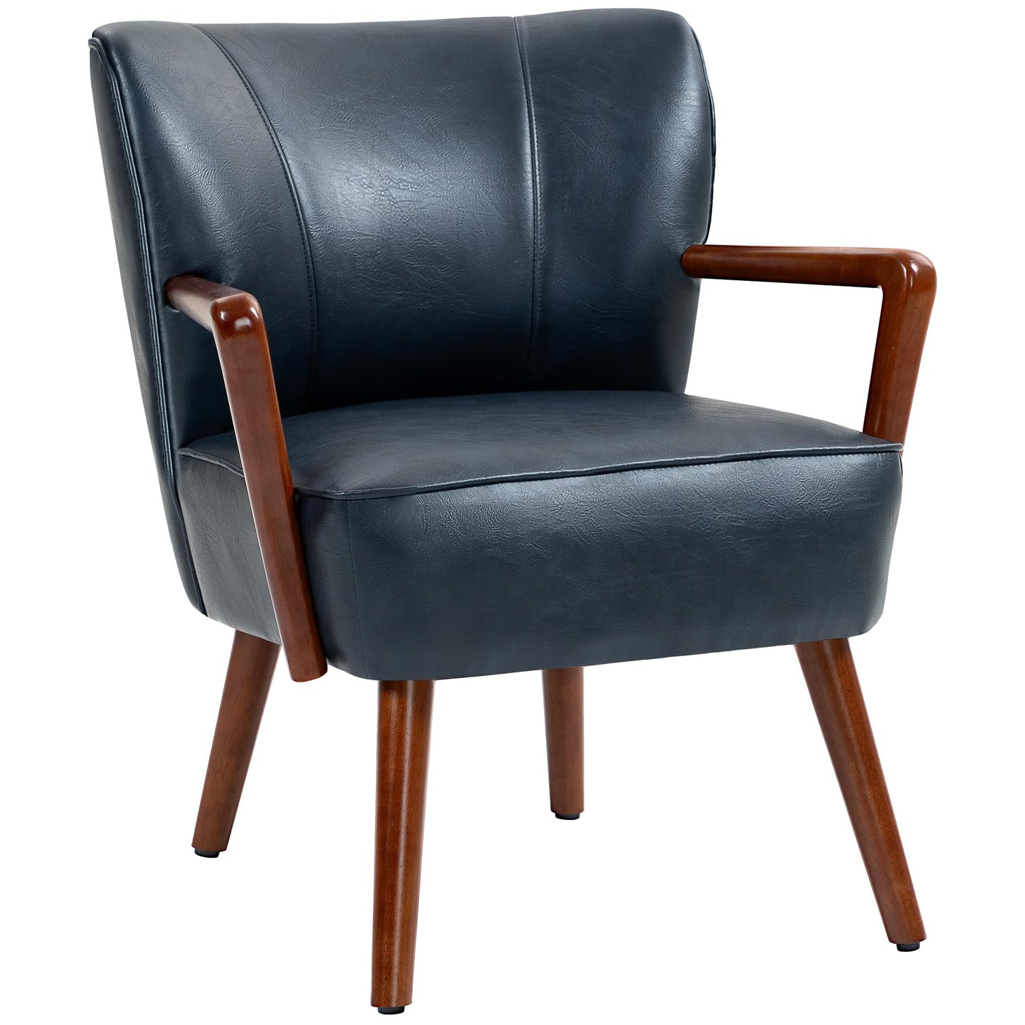 Modern Accent Chair, Upholstered Armchair, Faux Leather Living Room Chair with Wood Legs and Wide Padded Seat, Brown