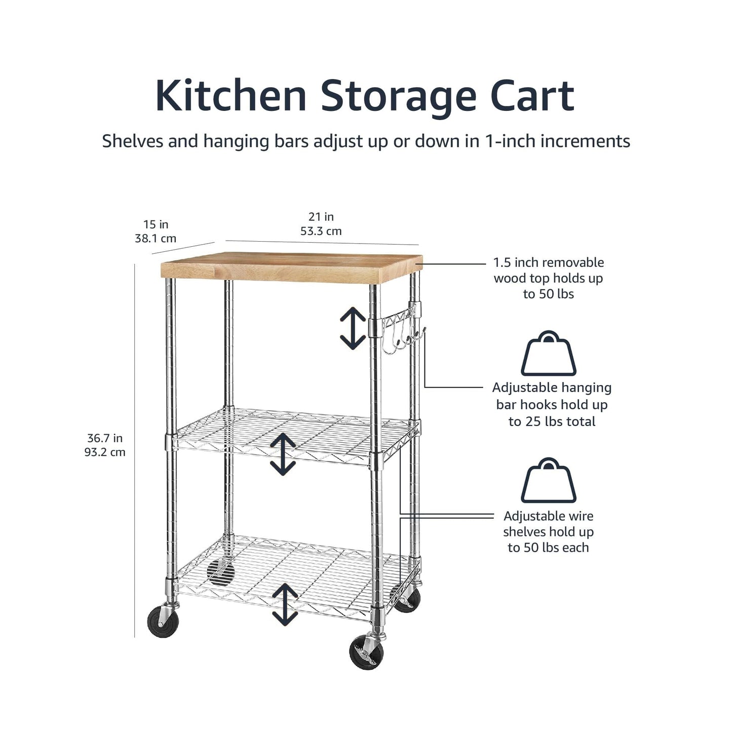 Portable Kitchen Storage Rack on Caster Wheels with Adjustable Shelves, 175 Pound Capacity, 21 x 15 x 36.7 inches (LxWxH), Wood/Chrome