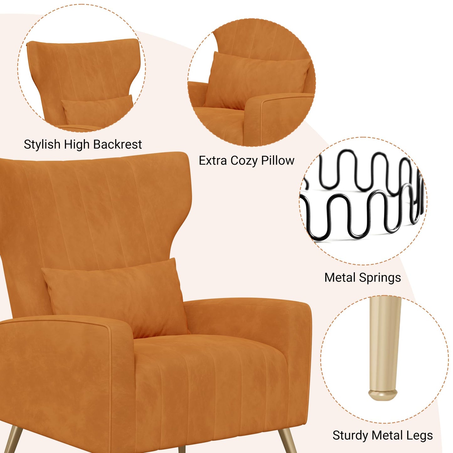 Daluvenix Upholstered Velvet Accent Chair, Modern Accent Chairs for Living Room, Reading Velvet Accent Chair with Metal Legs and Pillow, Comfy Tufted Armchair for Bedroom, Orange