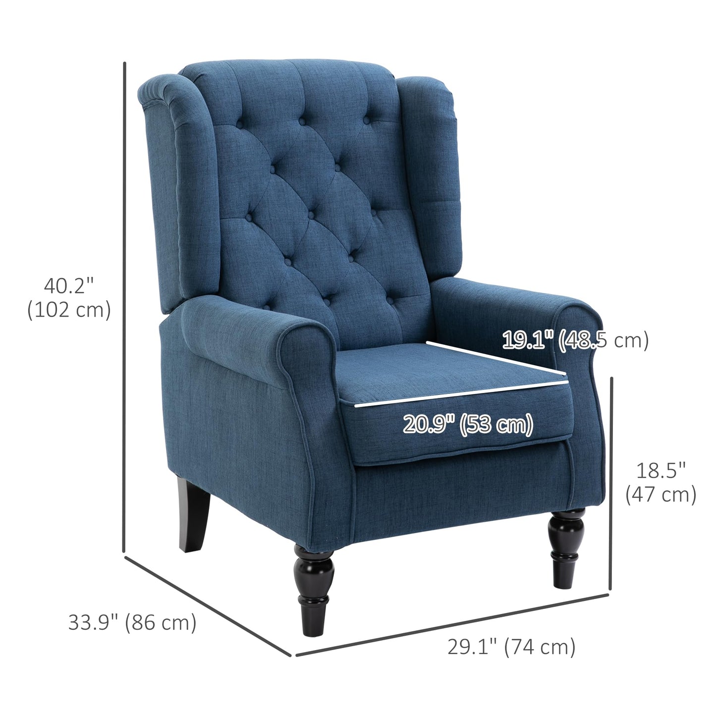 Fabric Accent Chair, Button Tufted Armchair, Upholstered Modern Living Room Chair, Wingback Chair with Wood Legs, Rolled Arms, Thick Padding for Bedroom, Blue