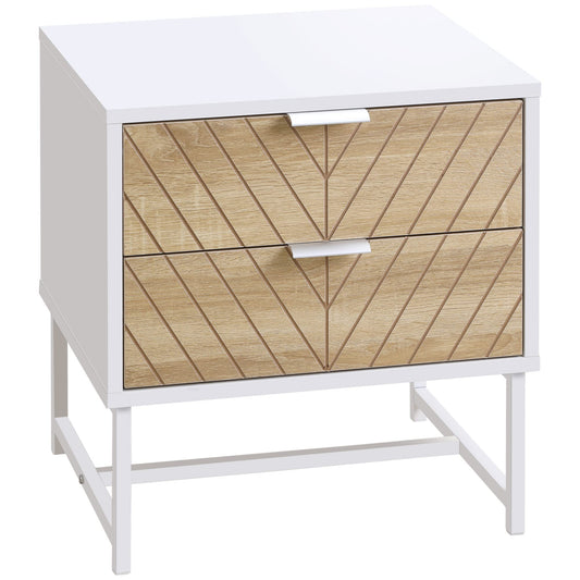 Modern Bedside Table with 2 Drawers, Nightstand with Metal Base, Sofa End Table for Bedroom, White