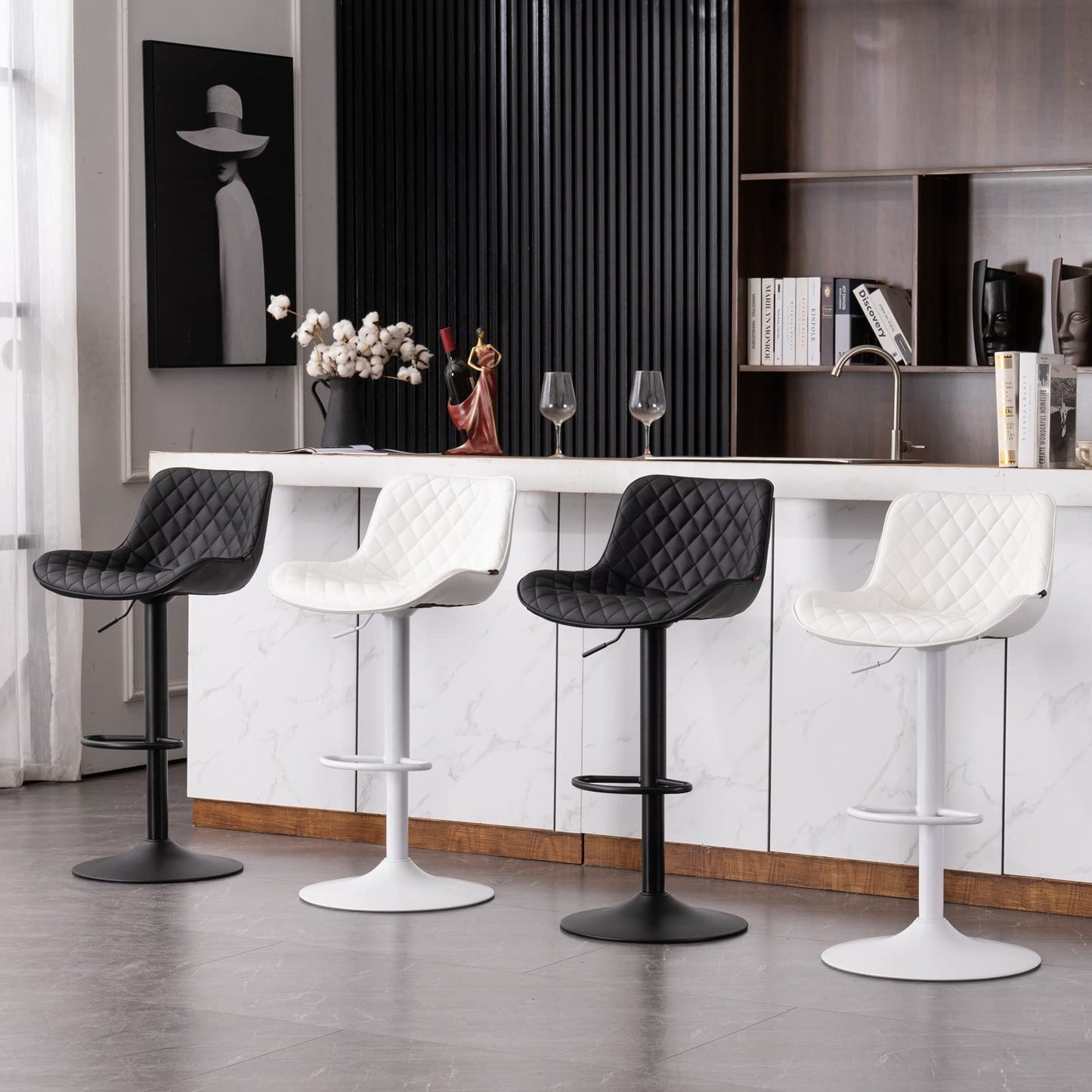 Grey Bar Stools Set of 2 Counter Height Bar Stool Faux Leather Upholstered Metal Barstools Modern Adjustable Swivel High Back Bar Chairs Home Kitchen Dining Island