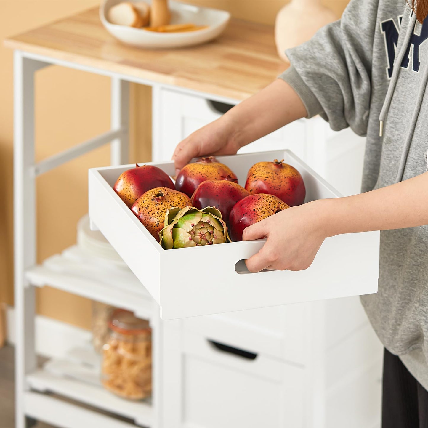 Kitchen Serving Cart with 3 Drawers and Removable Tray,Kitchen Storage Trolley,White