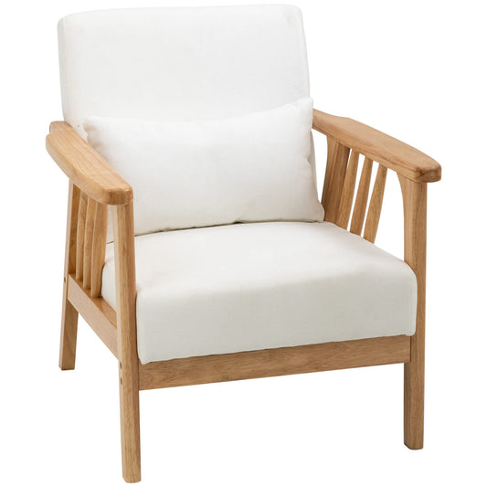 Accent Chairs with Cushioned Seat and Back, Upholstered Arm Chair for Bedroom, Living Room Chair with Throw Pillow and Wood Legs, Cream White