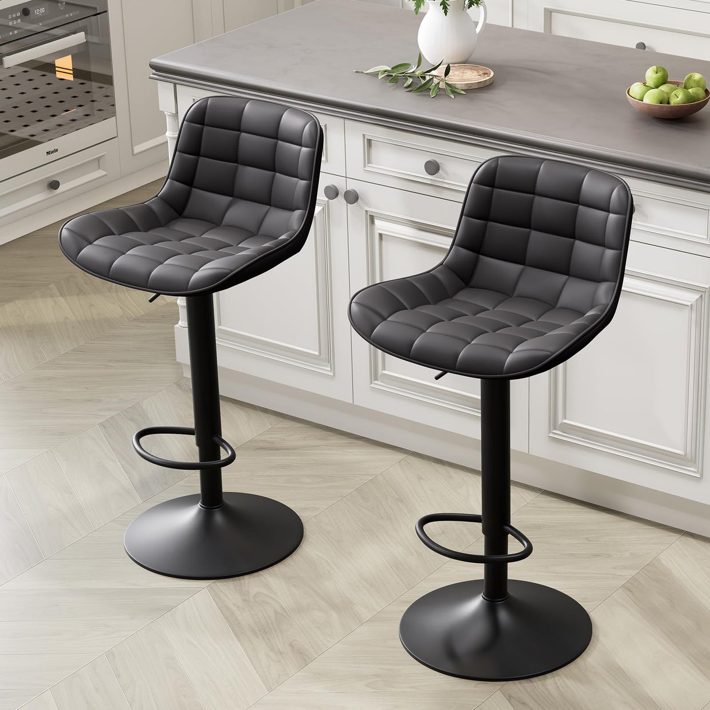 Grey Bar Stools Set of 2 Counter Height Bar Stool Faux Leather Upholstered Metal Barstools Modern Adjustable Swivel High Back Bar Chairs Home Kitchen Dining Island