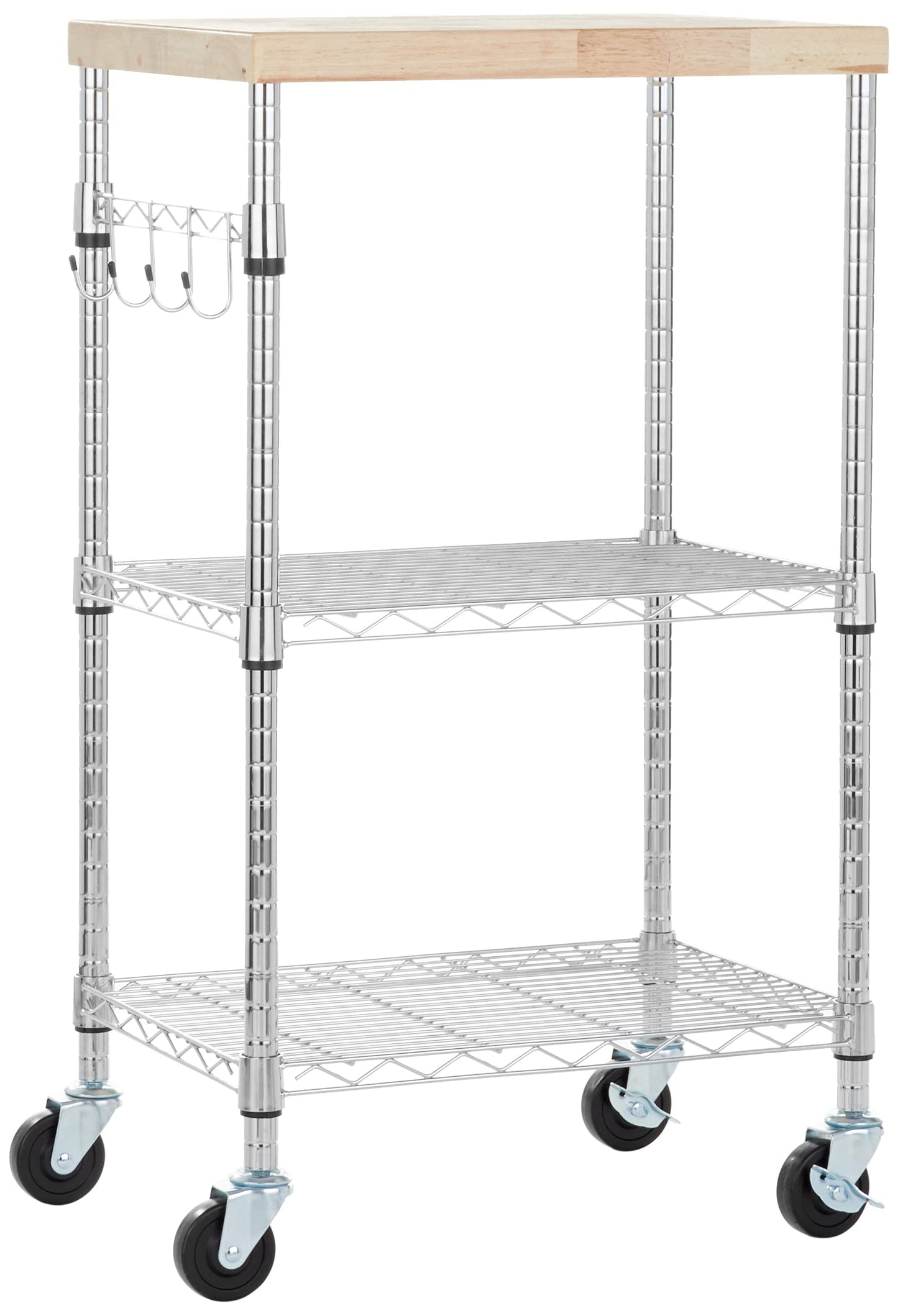 Portable Kitchen Storage Rack on Caster Wheels with Adjustable Shelves, 175 Pound Capacity, 21 x 15 x 36.7 inches (LxWxH), Wood/Chrome