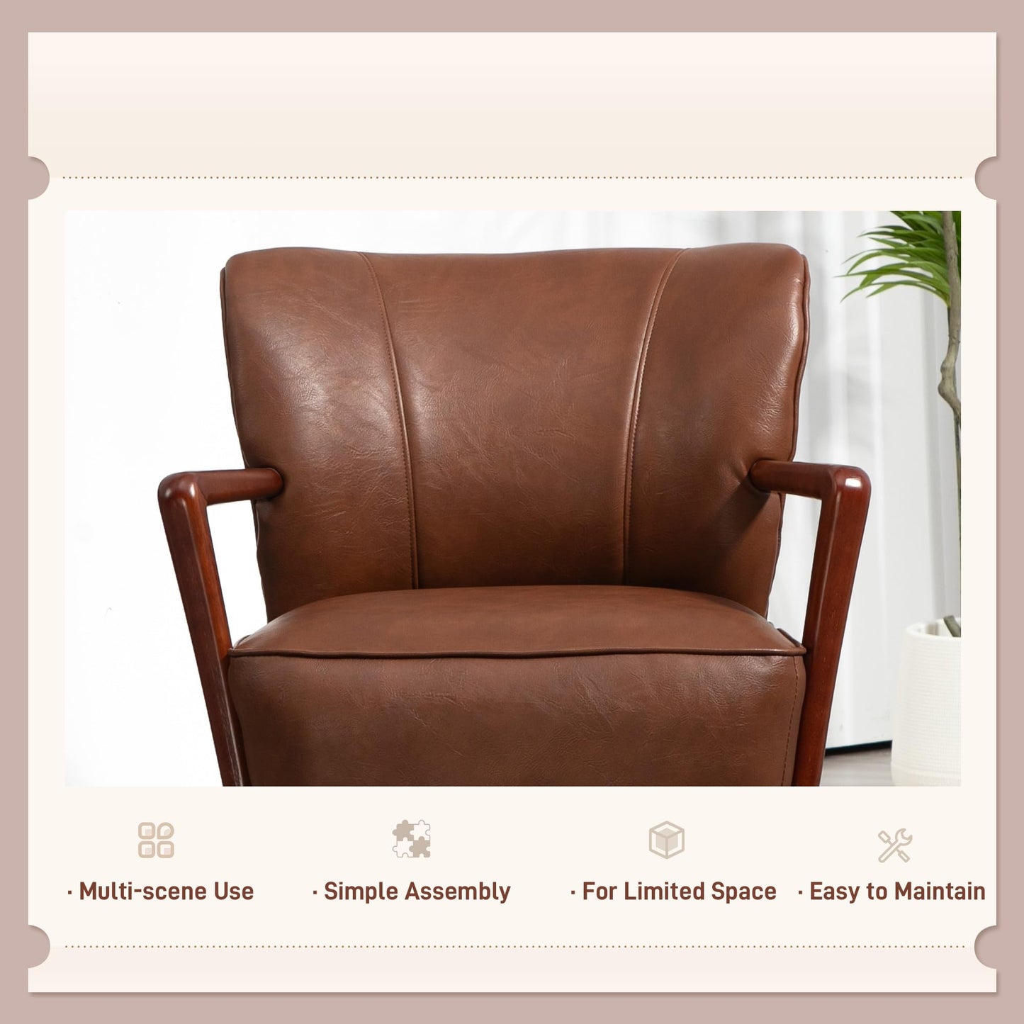 Modern Accent Chair, Upholstered Armchair, Faux Leather Living Room Chair with Wood Legs and Wide Padded Seat, Brown