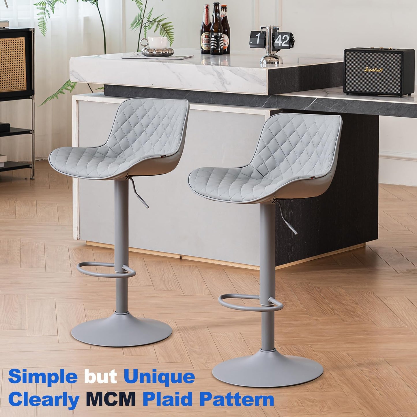 Grey Bar Stools Set of 2 Counter Height Bar Stool Faux Leather Upholstered Metal Barstools Modern Adjustable Swivel High Back Bar Chairs Home Kitchen Dining Island