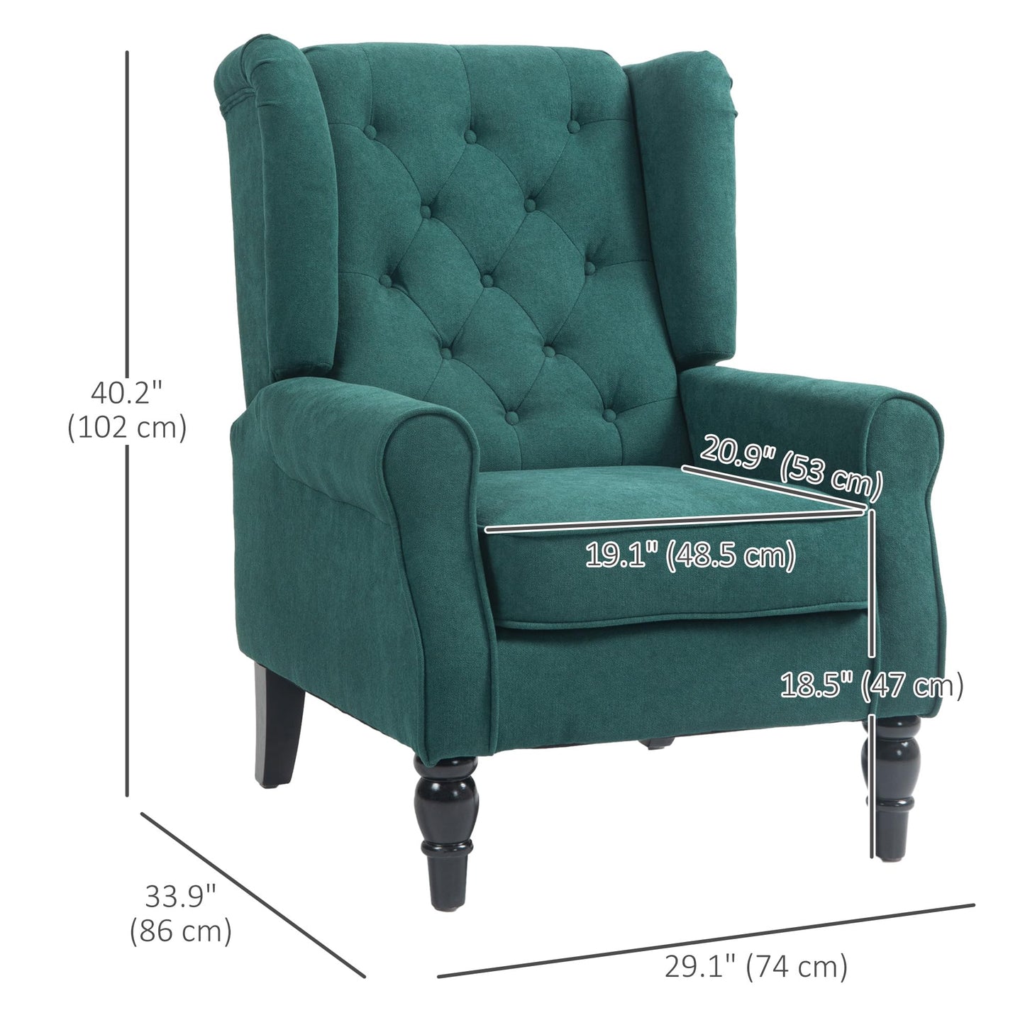 Fabric Accent Chair, Button Tufted Armchair, Upholstered Modern Living Room Chair, Wingback Chair with Wood Legs, Rolled Arms, Thick Padding for Bedroom, Blue