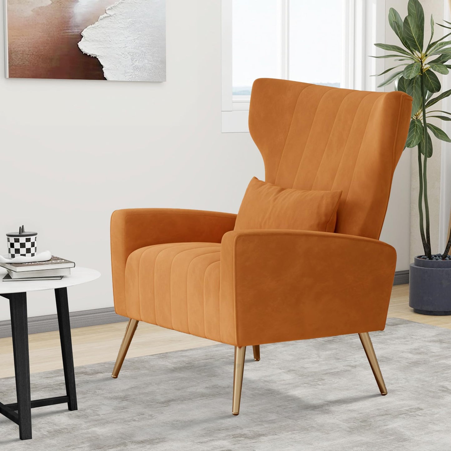 Daluvenix Upholstered Velvet Accent Chair, Modern Accent Chairs for Living Room, Reading Velvet Accent Chair with Metal Legs and Pillow, Comfy Tufted Armchair for Bedroom, Orange