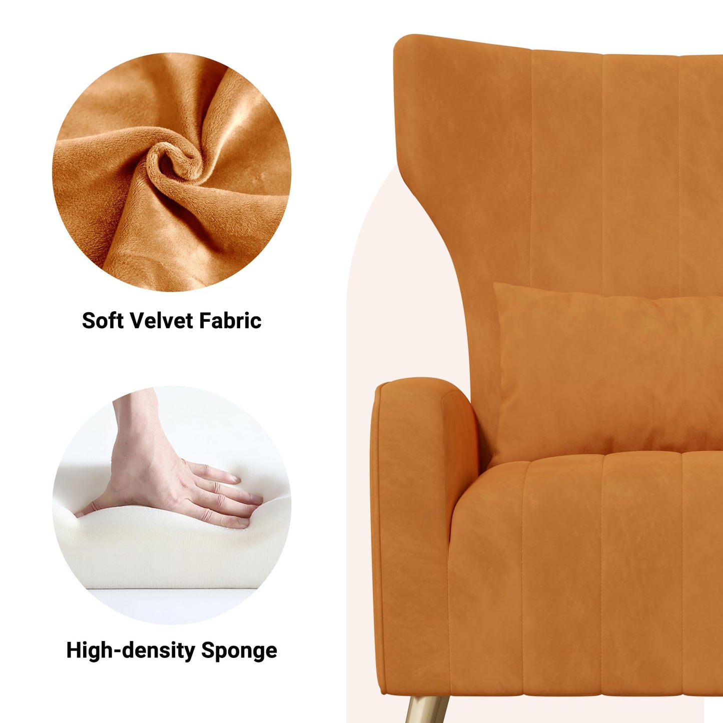 Daluvenix Upholstered Velvet Accent Chair, Modern Accent Chairs for Living Room, Reading Velvet Accent Chair with Metal Legs and Pillow, Comfy Tufted Armchair for Bedroom, Orange