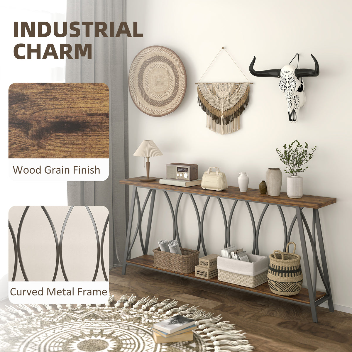71" Industrial 2-Tier Console Table with Metal Frame