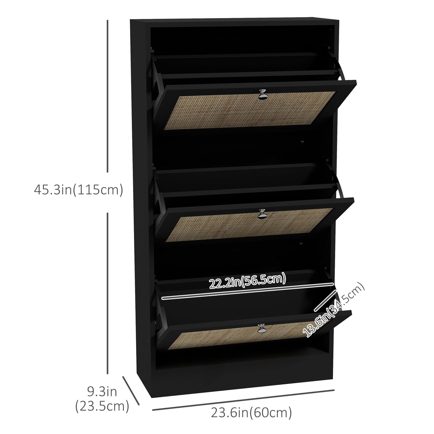 Rattan Shoe Cabinet with 3 Flip Drawers and Adjustable Shelves, Narrow Shoe Storage Cabinet for Entryway, Hallway, Holds 18 Pairs of Shoes, Black