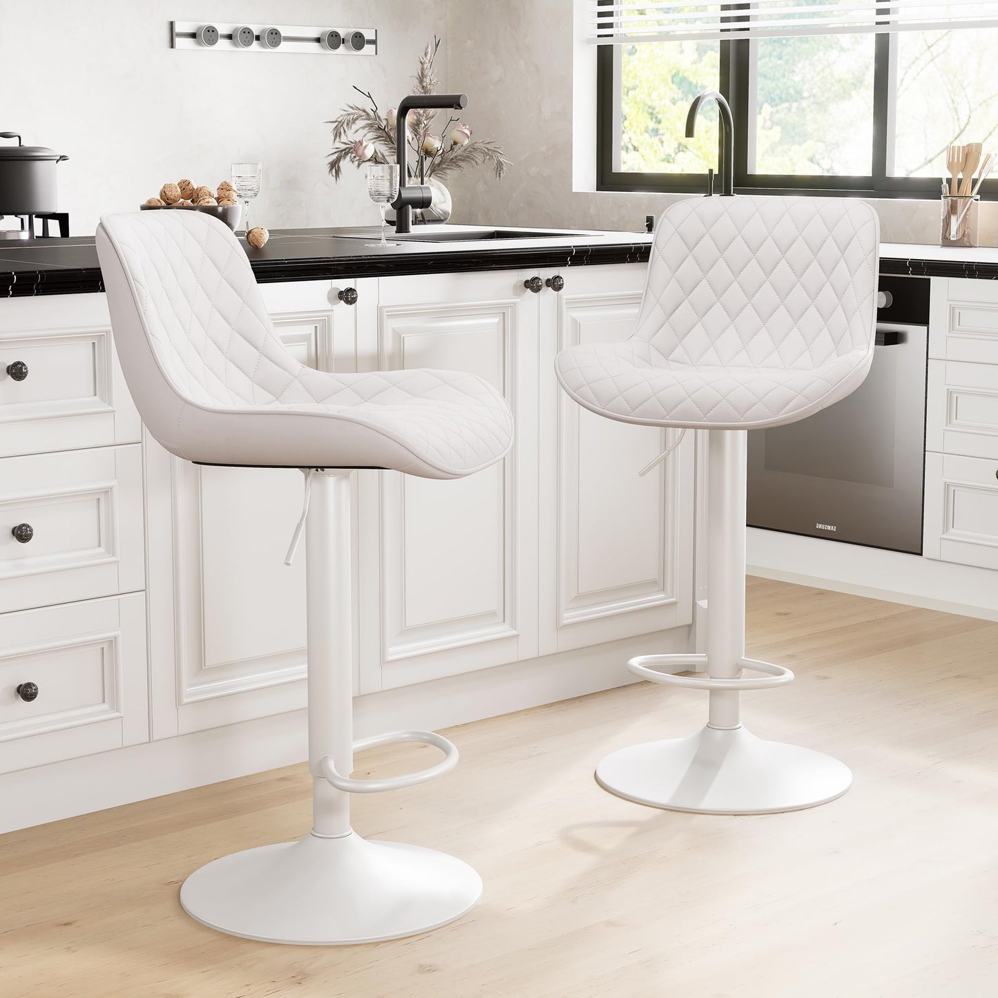 Grey Bar Stools Set of 2 Counter Height Bar Stool Faux Leather Upholstered Metal Barstools Modern Adjustable Swivel High Back Bar Chairs Home Kitchen Dining Island