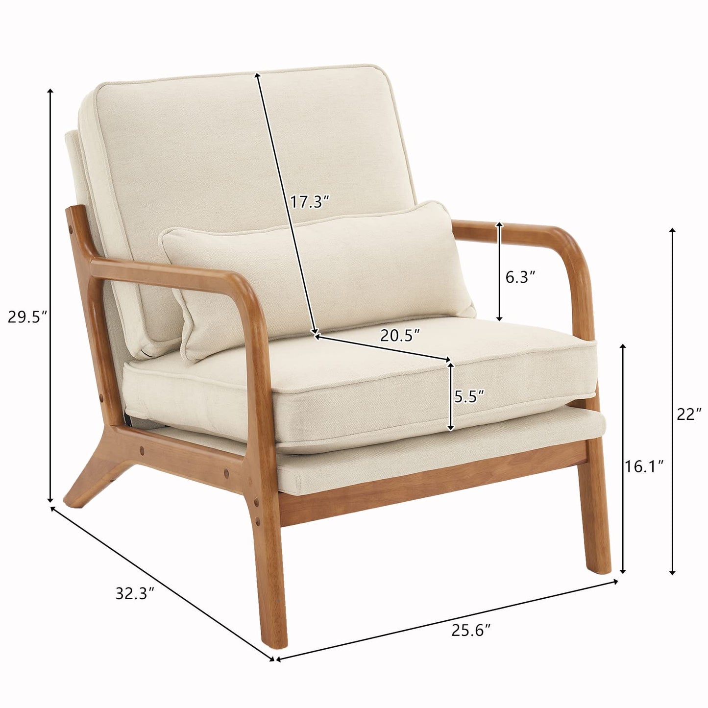 home Accent Chair Mid-Century Modern Chair with Pillow Upholstered Lounge Arm Chair with Solid Wood Frame & Soft Cushion for Living Room, Bedroom, Balcony, Linen Beige (Low Back)