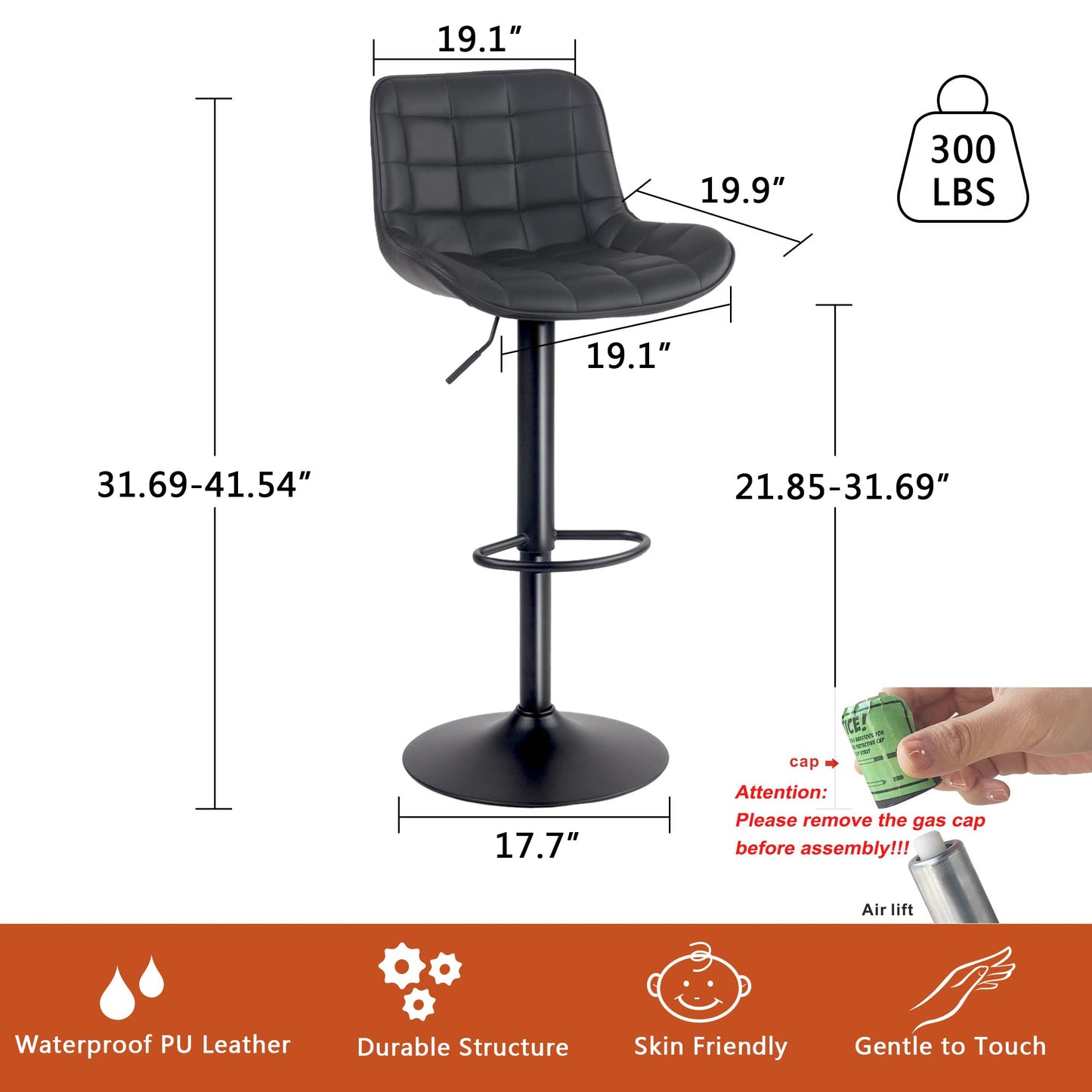 Grey Bar Stools Set of 2 Counter Height Bar Stool Faux Leather Upholstered Metal Barstools Modern Adjustable Swivel High Back Bar Chairs Home Kitchen Dining Island