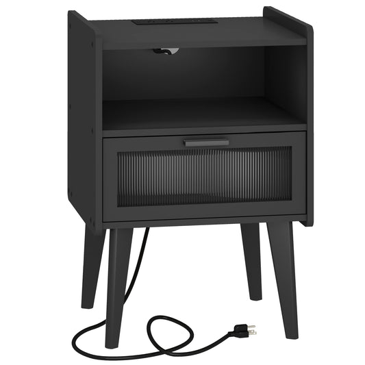 Nightstand with Charging Station, Bedside Tables, End Table Side Table with 2 Tiers Storage Space, for Bedroom, Living Room, Black CAMLBZ07BE