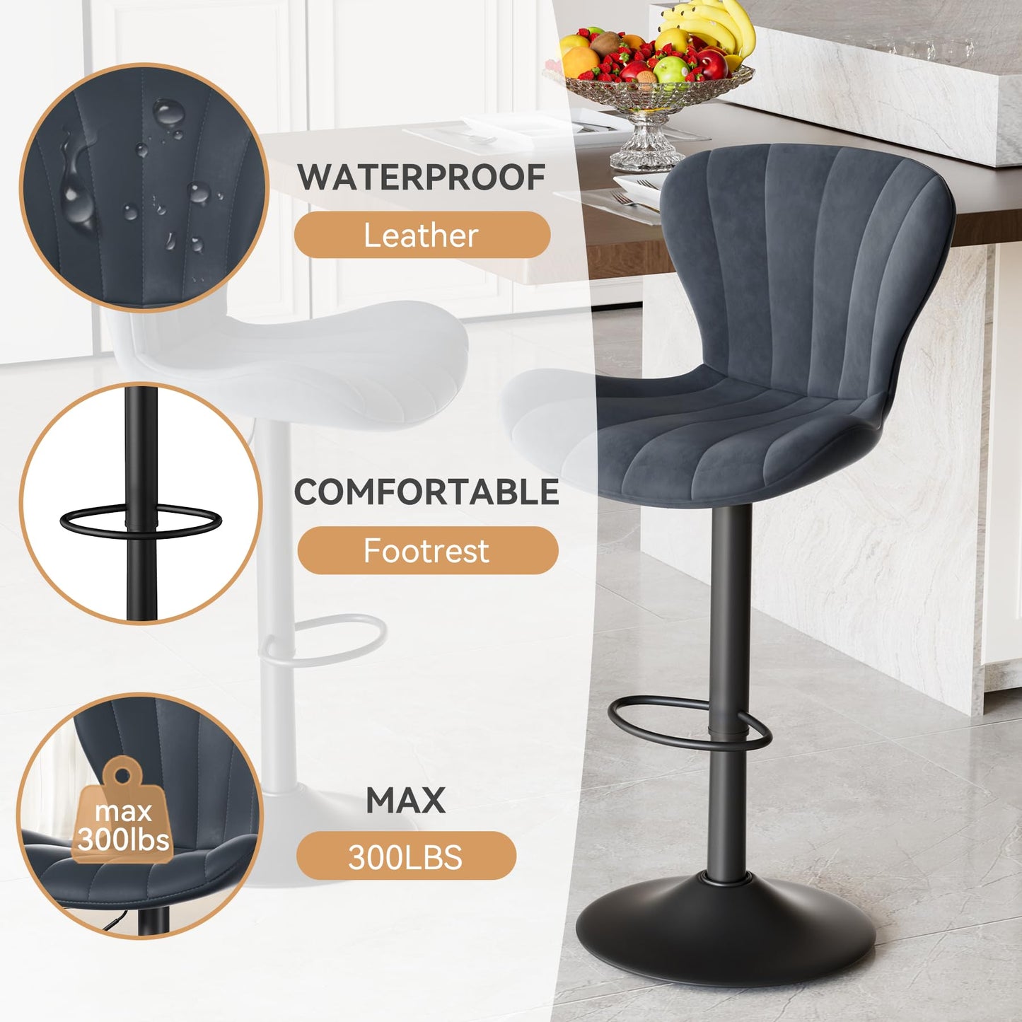 Daluvenix Bar Stools Set of 2 Modern Island Bar Stools Upholstered Faux Leather Barstools Height Adjustable Counter Chairs with Back Waterproof Stools for Kitchen, Black