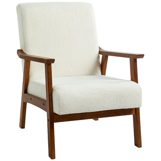 Boucle Armchair, Modern Living Room Chair with Solid Wood Frame and Thick Padding for Bedroom, White