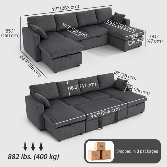 Corduroy U-Shaped Pull-Out Sleeper Sectional with Storage Chaise